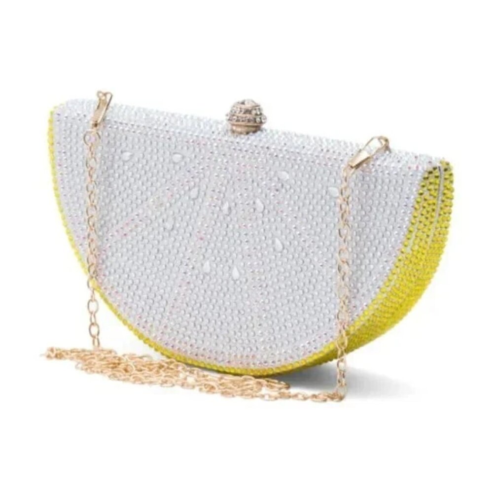 Crystal-Embellished Half-Moon Clutch with Gold Chain - White & Yellow